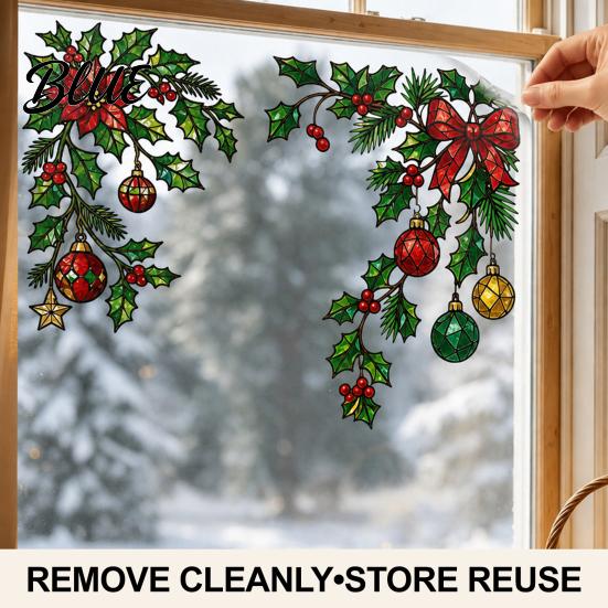 Translucent Glass Decoration 2Pcs Christmas Static Window Clings Corner Wreath No‑Glue Decals with Holly Festive Home Decor Xmas Balls Bow