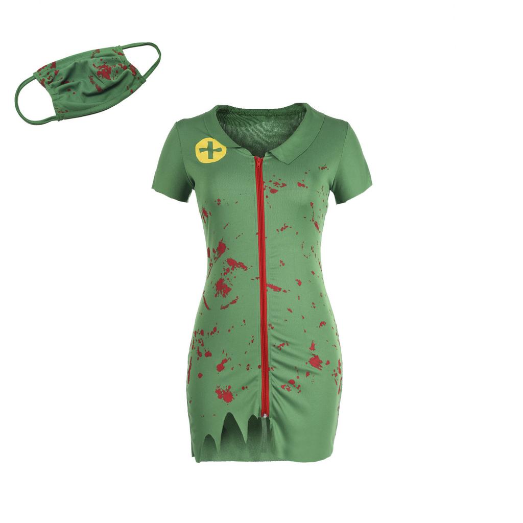 Хэллоуин Кровавый Террор Зомби Костюмы Медсестры Сексуальное Зеленое Платье Для Косплея «Ходячие мертвецы» + Муфелька для рта