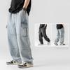 Korean and Japanese Style Men's Drawstring Trousers Spring Autumn Denim Pants Vintage Workwear Long Pants with Dual 3D Pockets