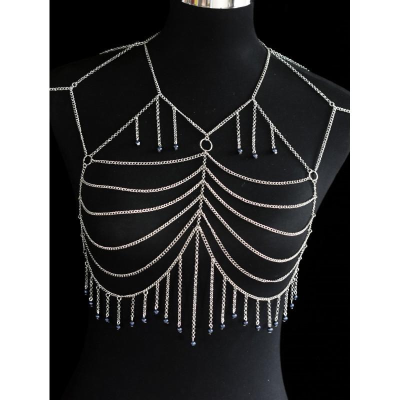 Womens Geometric Body Chain With Tassels Beads Adjustable Metal Chest Festival Party Stage Outfit