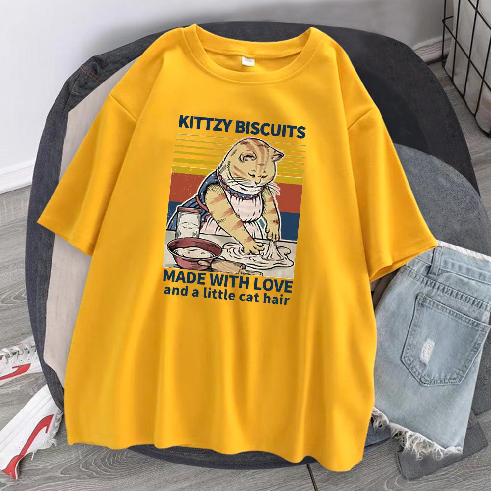 Kittzy Biscuits Made with Love and A Little Cat Hair Unisex Cotton TShirts Summer Breathable ONeck Tops Casual Unisexs Tee Clothing