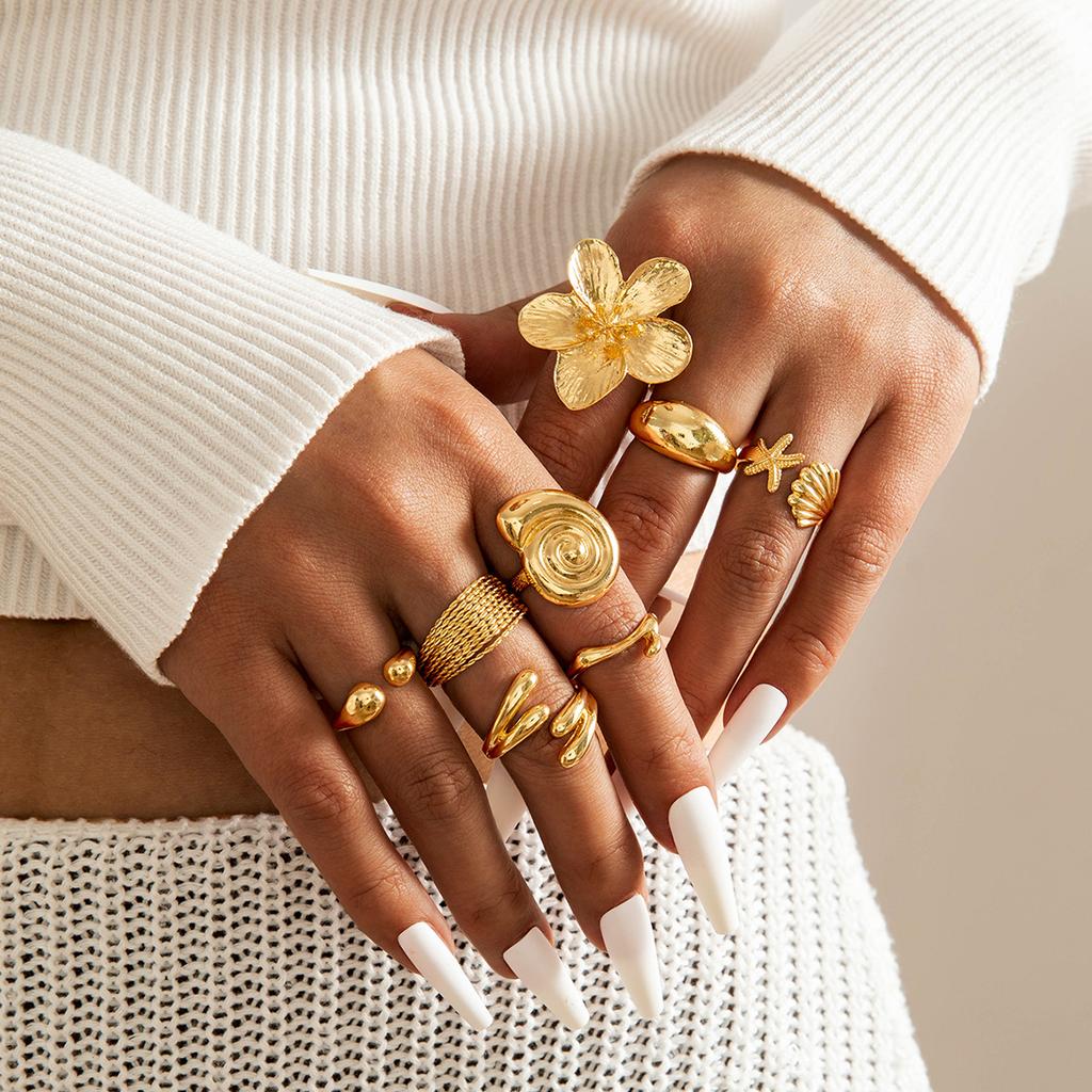 European and American Style Geometric Irregular Fashion Ring Set, Personalized Design, Imitation Pearl Layered Ring Ring