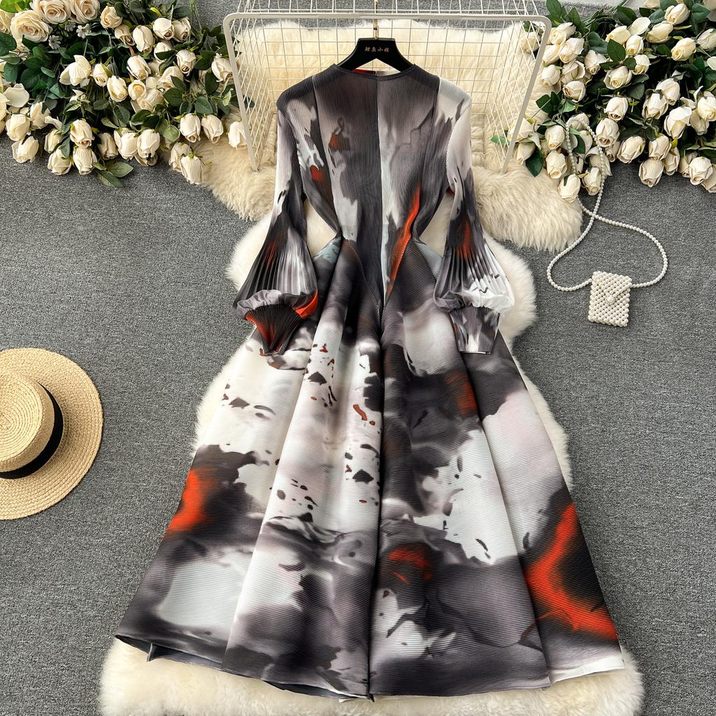 French Senior Temperament Luxury Dress Ladies 2024 Newest O-Neck Ruched Print Tie Dye Design Fashion Chic Long Dress