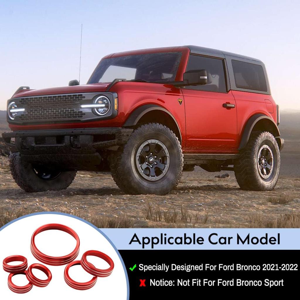 for -2025 Ford Bronco AC Knob Cover Accessories Center Console Switch Volume Temp Control Button Ring Trim-Red 6Pcs (Not fit Bronco Sport)