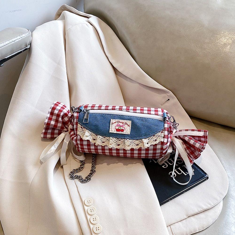 Metal Chain Candy Shape Bag Cherry Denim Lace Shoulder Bag Sweet Red Plaid Crossbody Bag  Travel