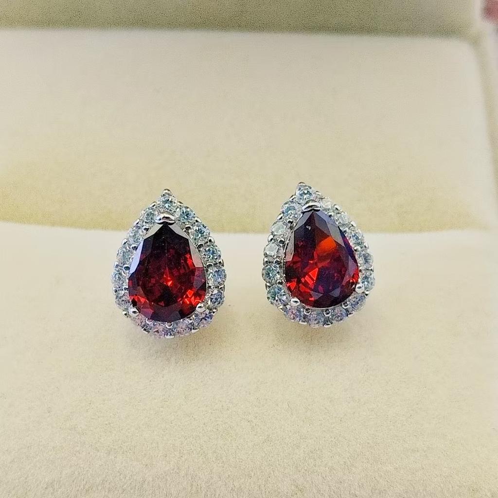 Earrings, Water Drop-shaped Zircon Stud Earrings, Women's Light Luxury High-end Zircon Stud Earrings, Versatile Colored Treasure Earrings.