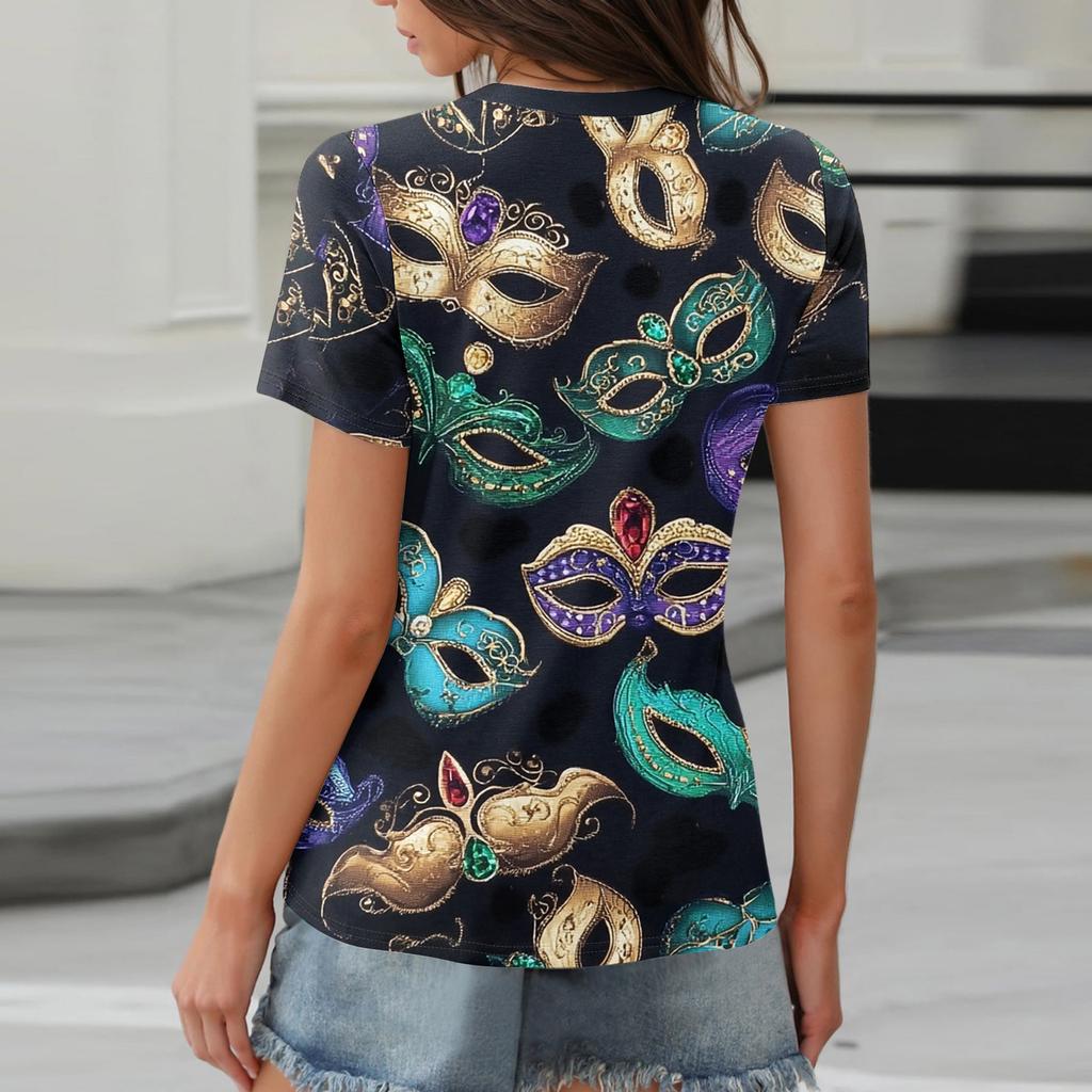 Жен. Футболка Футболка С принтом Пуговицы С короткими рукавами Повседневные Выходные Мода Классический V-образный вырез Обычный Верх