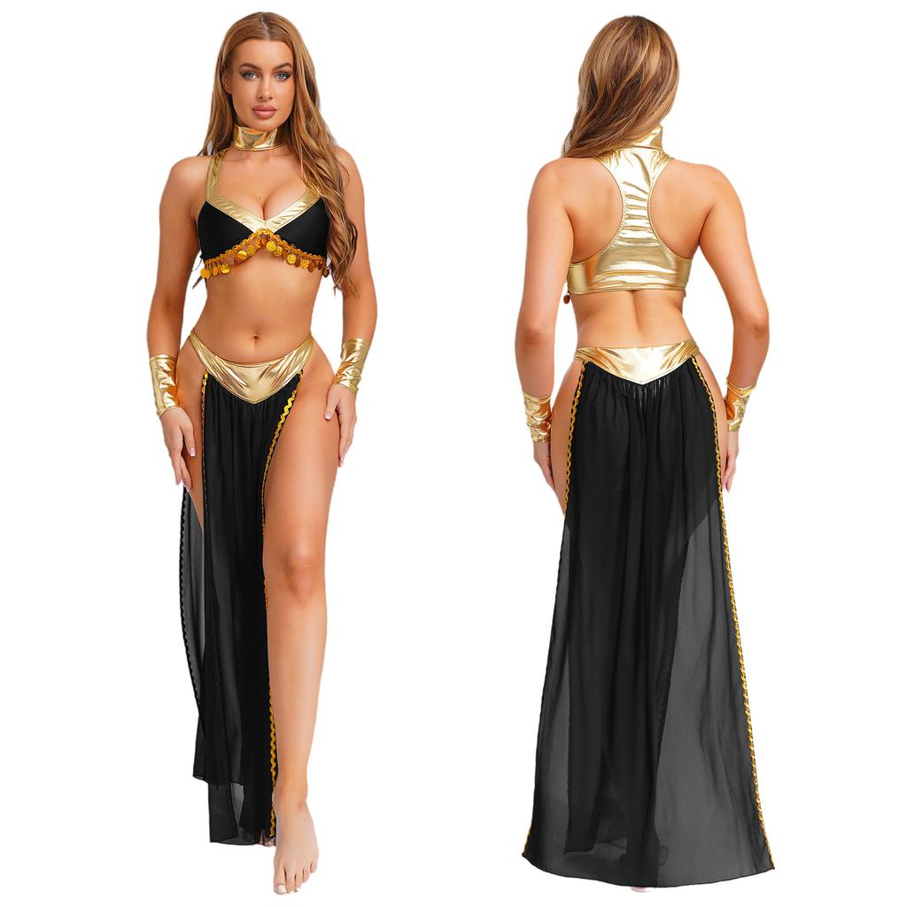 Womens Ancient Egyptian Queen Cosplay Outfit 4-Piece Set - Crop Top Collar Sleeves and Side Slit Chiffon Skirt with Metallic Shiny Patchwork