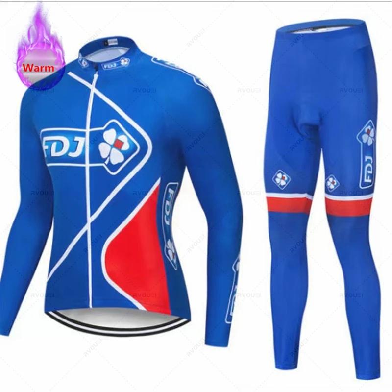 Fdj Winter Thermal Fleece Cycling Jersey Set Men Long Sleeve Ropa Ciclismo Bicycle Clothing Bib Pants Maillot Hombre Bike Jersey