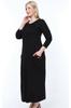 Women's Big Size Dress Long Sleeve Viscose Black Dress with Pockets and Tassels