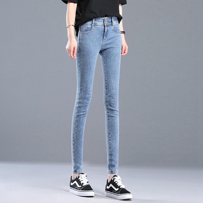 Женские эластичные узкие джинсы с высокой талией и двойной пряжкой для осени и зимы — облегающие брюки-карандаш, длина Nine Points, корейский стиль