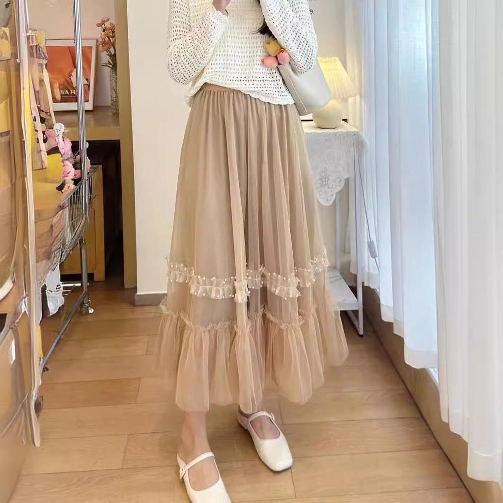 Qooth Women A-line Nail Beads Tulle Ruffle Skirt Wide Hem Mid Length Elastic Waist Casual Skirt QT2633
