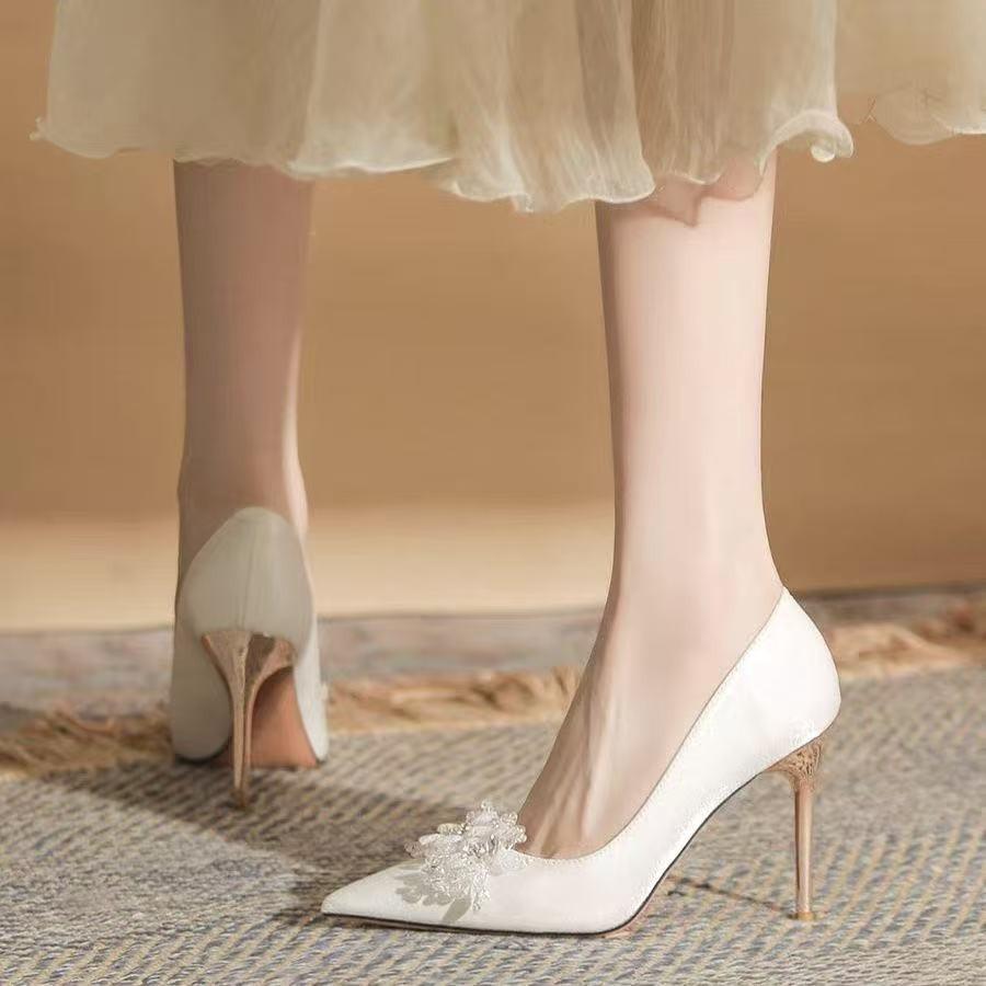 Sweet Leisure Women Pumps Sexy Slip On Thin High Heels Pointed Toe Party Wedding Women Shoes Solid Flower Crystal Summer Shoes