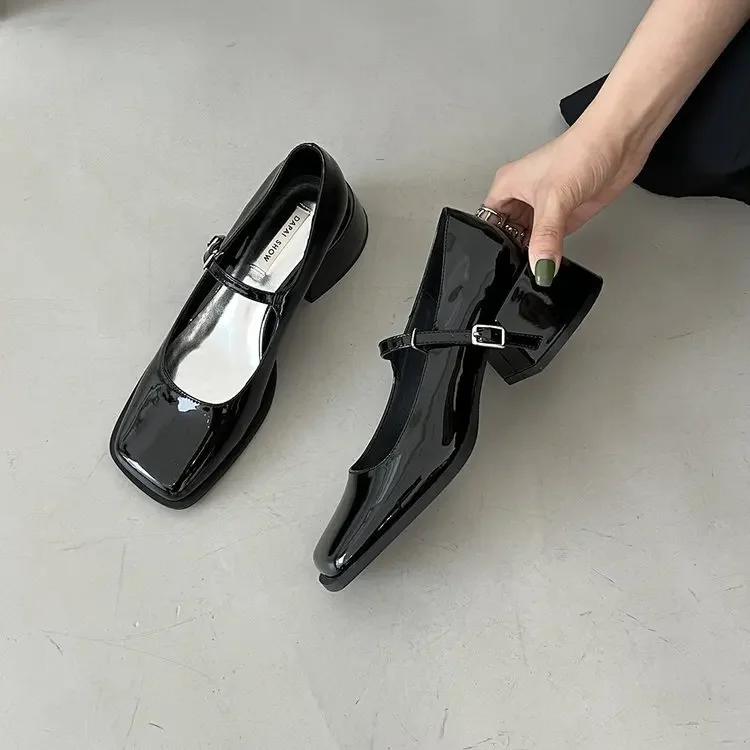 Туфли Мэри Джейн французские женские туфли-лодочки весна осень средний каблук толстый квадратный носок мокасины на пуговицах неглубокие черные коричневые женские каблуки