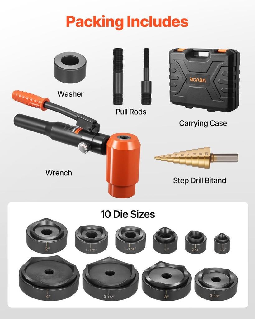 Knockout Punch Set, 147.1 kN Hydraulic Knockout Set, 12.7 to 101.6mm KO Tool Kit Hole Making Tool, KO Tools Kit W/10 Dies for Metal Electrical