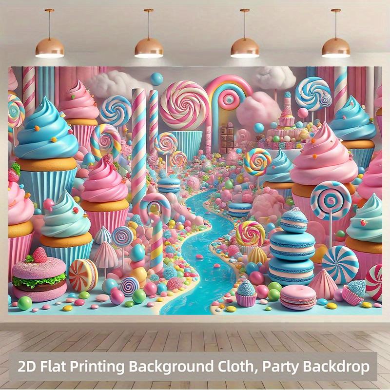 2D flat, Candy Fairyland background fabric - Vibrant 2D flat printed polyester, whimsical candy and dessert scenes