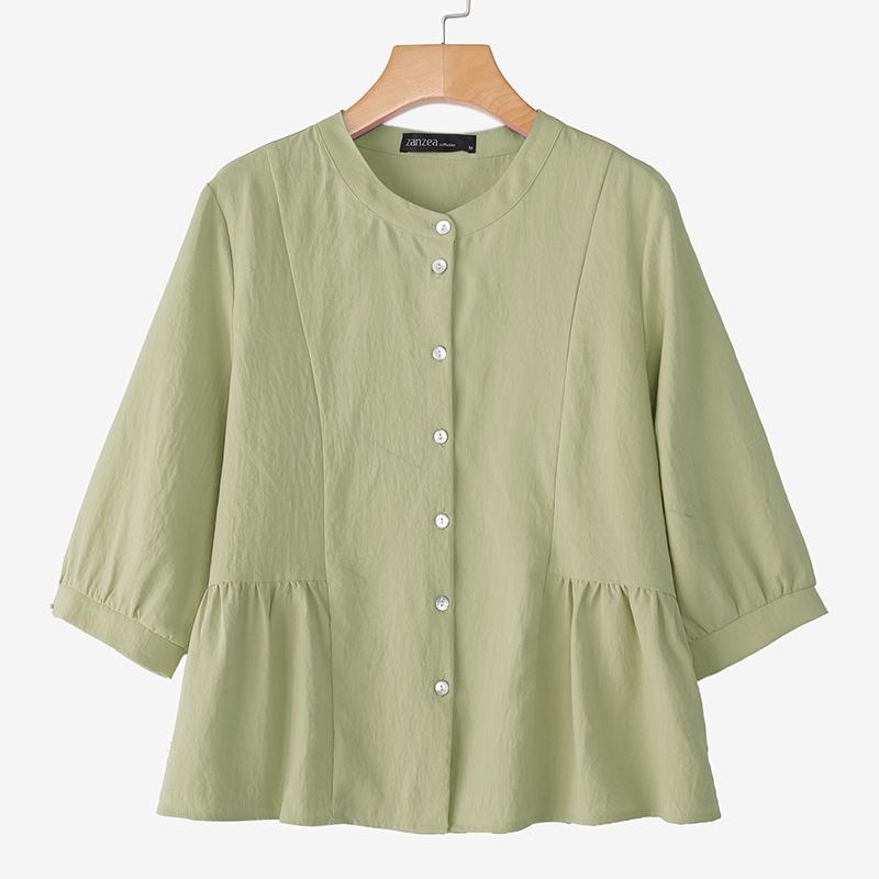 ZANZEA Женская повседневная блузка из хлопка с круглым вырезом и рукавом 3/4
