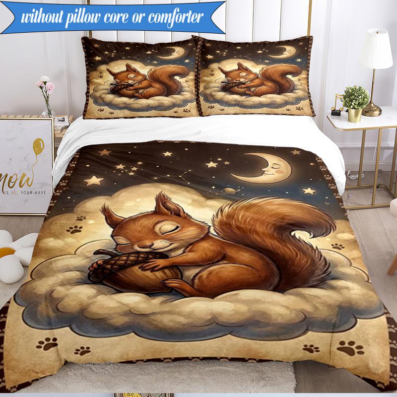 3PCS Squirrel Dreams Under Moonlight Bedding Set,Including 1pc Duvet Cover And 2pcs Pillowcases Perfect for Bedroom, Dormitory, Fan Christmas gift