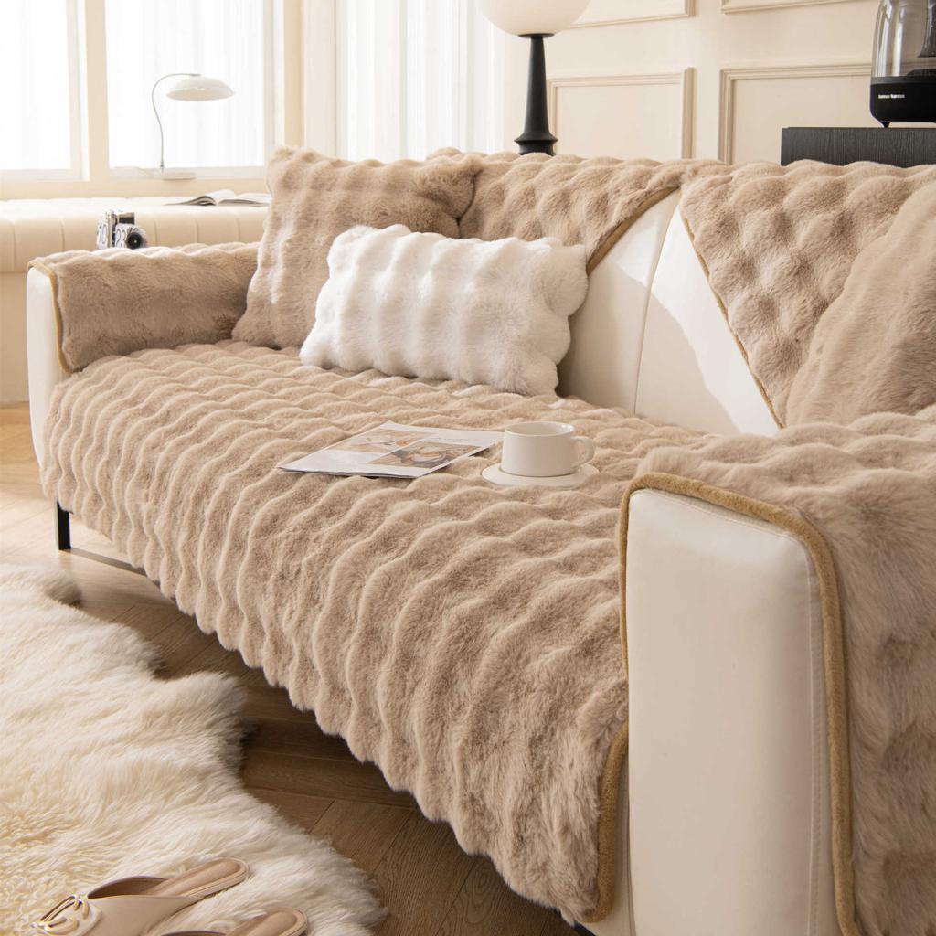 Плюшевая подушка для дивана с кошкой и кроликом, зимняя утолщенная, минималистичная, теплая, нескользящая крышка для дивана, плюшевый чехол, полотенце