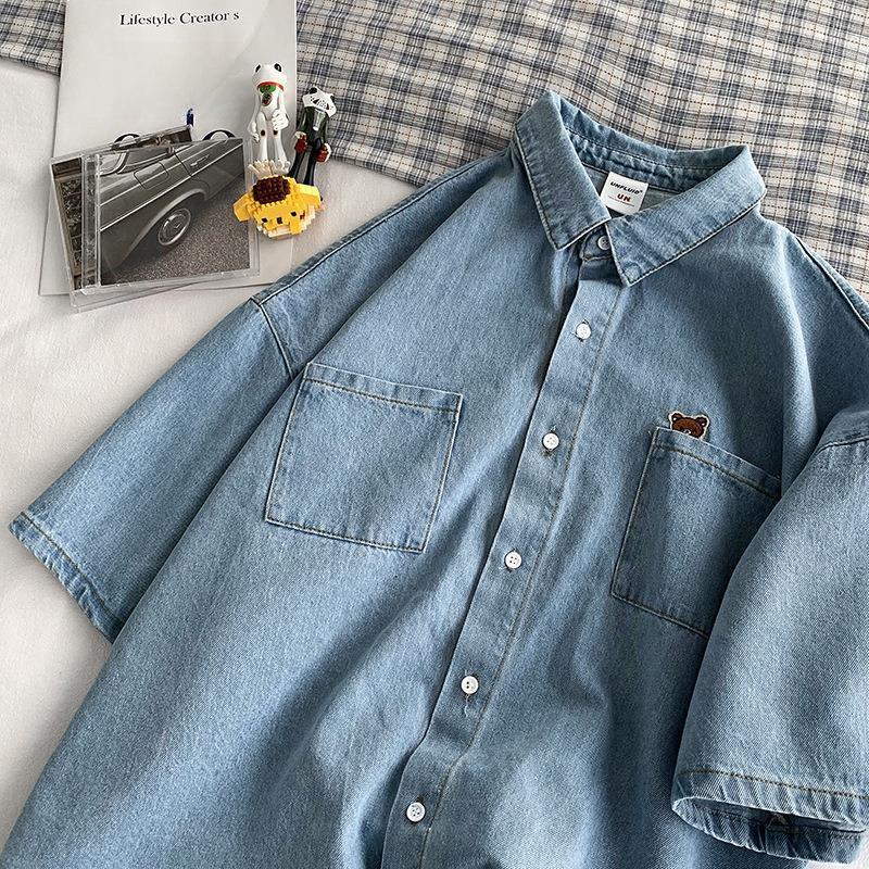 Men's Bear Embroidered Short-Sleeve Denim Shirt - Trendy, Lightweight Summer Jacket