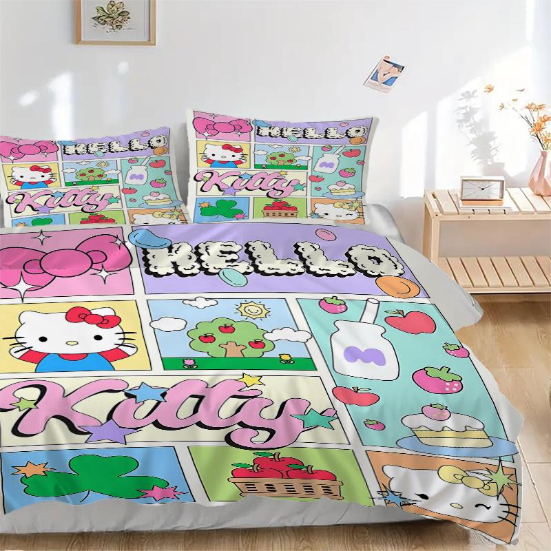 Набор из 3 предметов: Стеганое покрывало «Причудливый мир Hello Kitty» - Включает 1 пододеяльник и 2 наволочки, Машинная стирка - Подходит для всех сезонов. H054