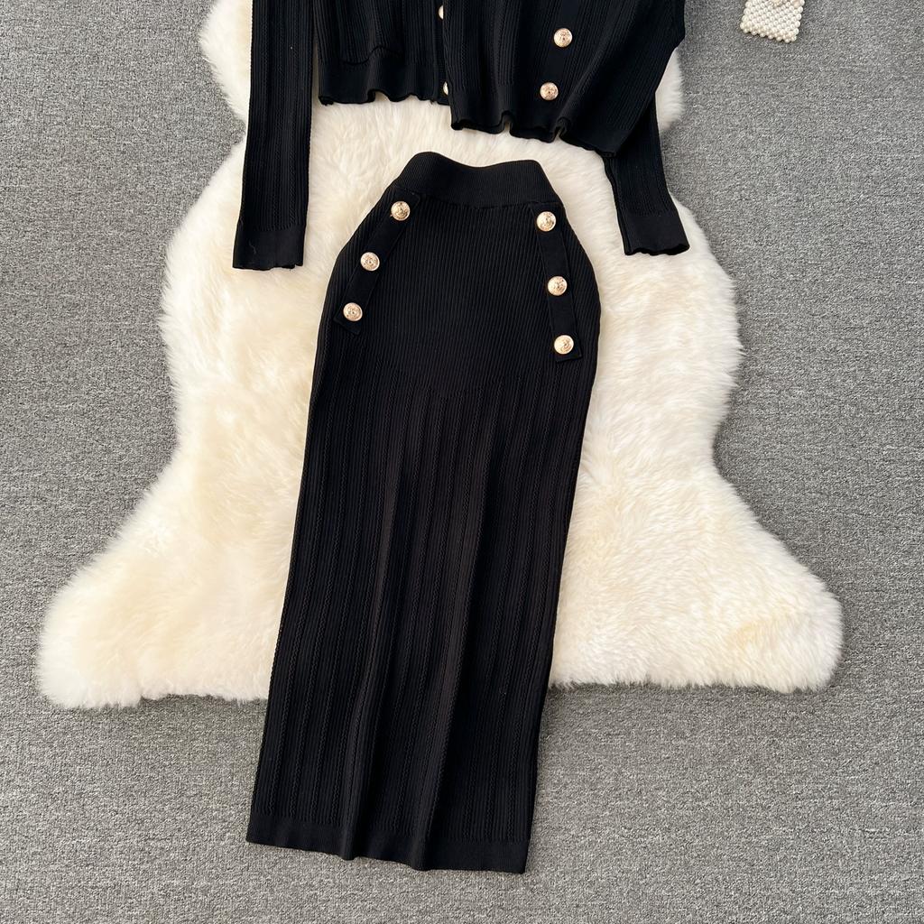 Autumn Winter Women Elegant Gold Button Knitted Sweater 3 Piece Set Single Breasted Jacket Coat Vest Long Midi Sheath Skirt Outfits