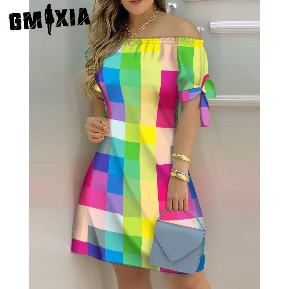 GMXIA Женское модное платье с открытыми плечами, короткие рукава, принт с бантом, летние пляжные платья больших размеров