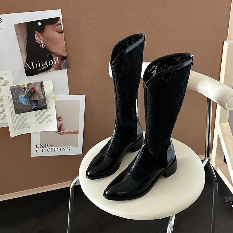 Дизайнерские кружевные ажурные женские ботфорты до колена, модные облегающие туфли на толстом каблуке, летние женские дышащие длинные ботильоны