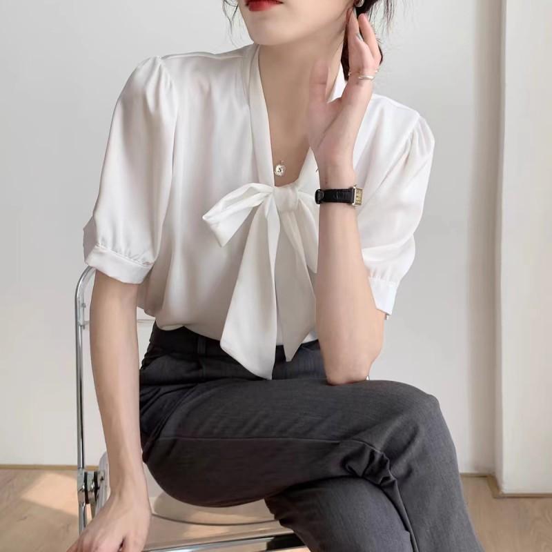 Womens Elegant Satin Shirt With Bow Tie Detail Slim Fit Long Sleeve Blouse Office Wear 2026