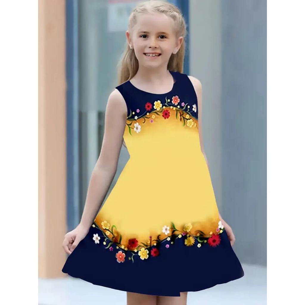 Girls Round Neck Sleeveless Vest Dress Dress Dresses Lovely Splicing Collision Colour Princess Dress 3D Digital Printing