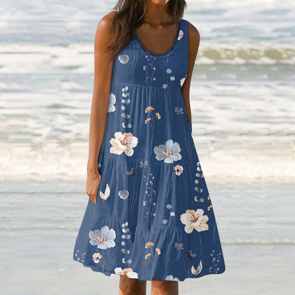 Женские платья-жилеты Лето-весна Плиссированные богемные платья Симпатичные струящиеся пляжные платья без рукавов Прямая футболка Платья-майки Платья с круглым вырезом