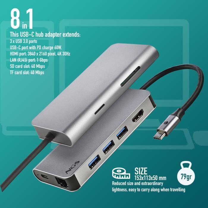 Док-станция 8 в 1 - NGS - WONDER DOCK 8 - USB-C - Зарядка PD 60 Вт - 4K 30 Гц