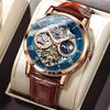 OLEVS Men's Mechanical Automatic and Manual Leather Fashion Watch Blue Skeleton Moon Phase Luminous Waterproof