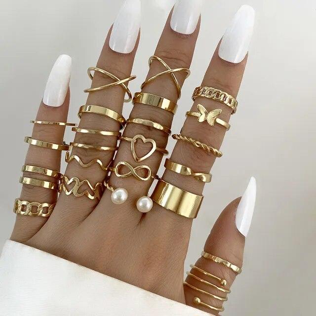 Максимум 27 шт., винтажный комплект колец с сердцем, змеей и бабочкой для женщин, металлический позолоченный геометрический полый палец, кольцо, ювелирное изделие, подарок, новый