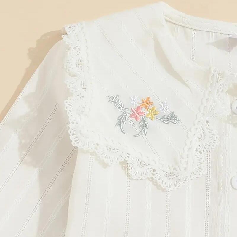 Рубашка с длинными рукавами для маленьких девочек, топ с цветочной вышивкой и лацканами, детская одежда