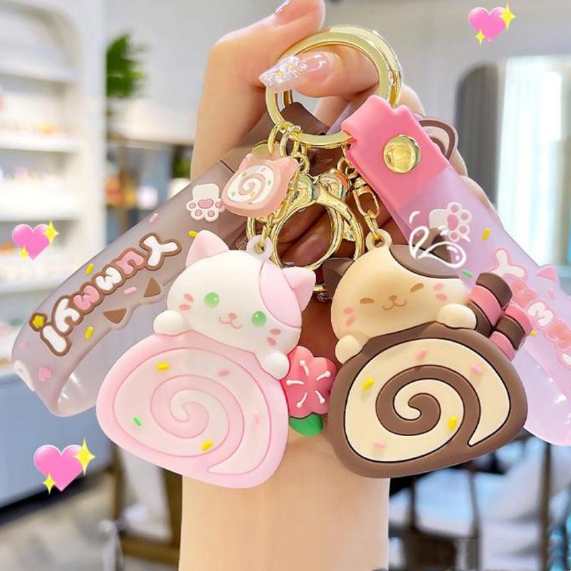Милый Кот Брелок для Ключей Мультяшный Брелок ПВХ Рулет с Кремом Ключевые Аксессуары Декор для Сумки Аниме Брелок для Девочки Пара Брелок Подарок
