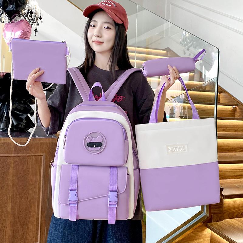 Four-Pieces Backpack Set Student Schoolbag Color Block Women's Large Capacity Backpack Campus Backpack