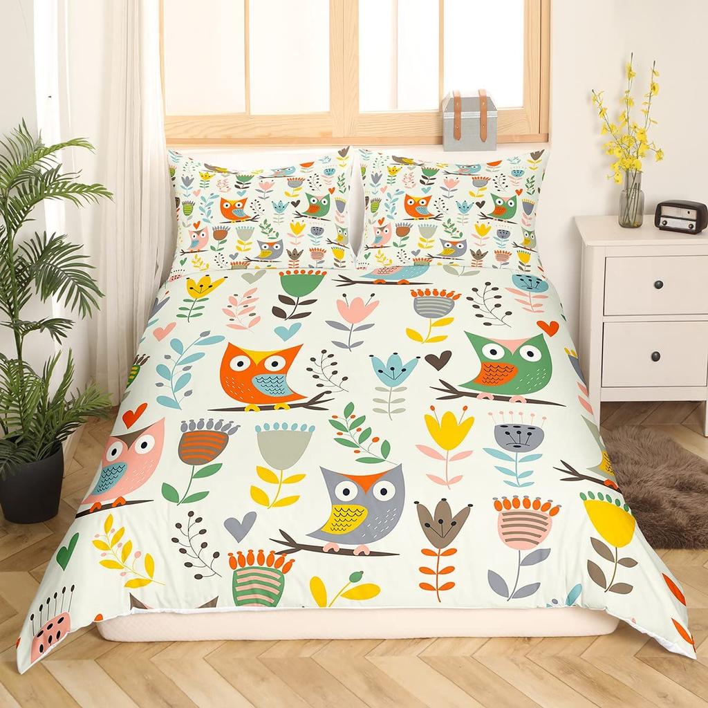 Пододеяльник с изображением совы King Queen, серый, милый комплект постельного белья с изображением животных, розовый, оранжевый, серый, цветы, чехол для одеяла, полиэстер, пододеяльник