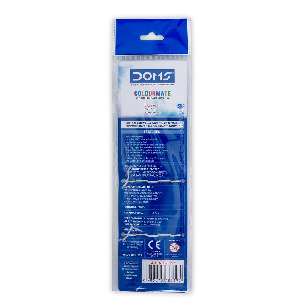 Набор синтетических кистей DOMS Colourmate, 5 шт., плоские и круглые, с мягкой деревянной ручкой, для художественной школы, хобби, живописи