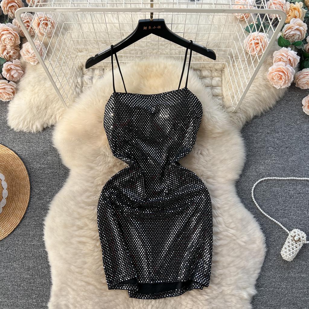 Dress for Women Spaghetti Strap Shinning Exposed Shoulders Falda Sexy Mujer Solid Color Wrapped Vestidos Summer Dropshipping