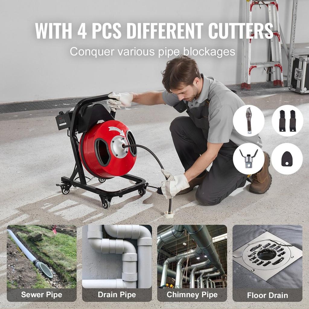 Drain Cleaner Machine 50FT x 1/2 Inch Manual Feed Snake Auger with Wheels