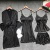 4 Pcs Ice Silk Pajama Set With Pad Nightgown+Cardigan+Short Set Lace Sexy Pyjama For Women