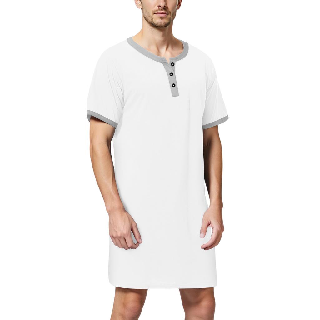 Men's Solid Color Cotton Short-sleeved Pajamas Button-down Collar Long Loose Pajamas Home Clothes