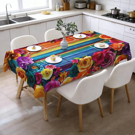 Мексиканская Цветочная Скатерть Прямоугольная Скатерть с Узором в Стиле Народного Искусства с Зубчатым Краем Цветная Цветочная Покрышка для Обеденного Стола Декор для Вечеринки