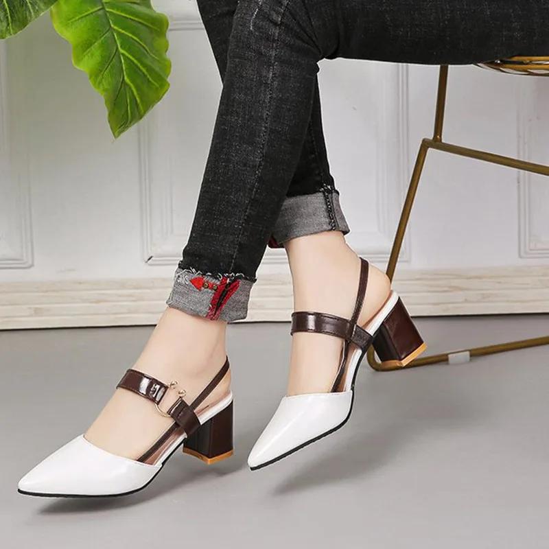 Летние сандалии женские на высоком толстом каблуке с острым носком повседневные туфли с пряжкой на ремне белые
