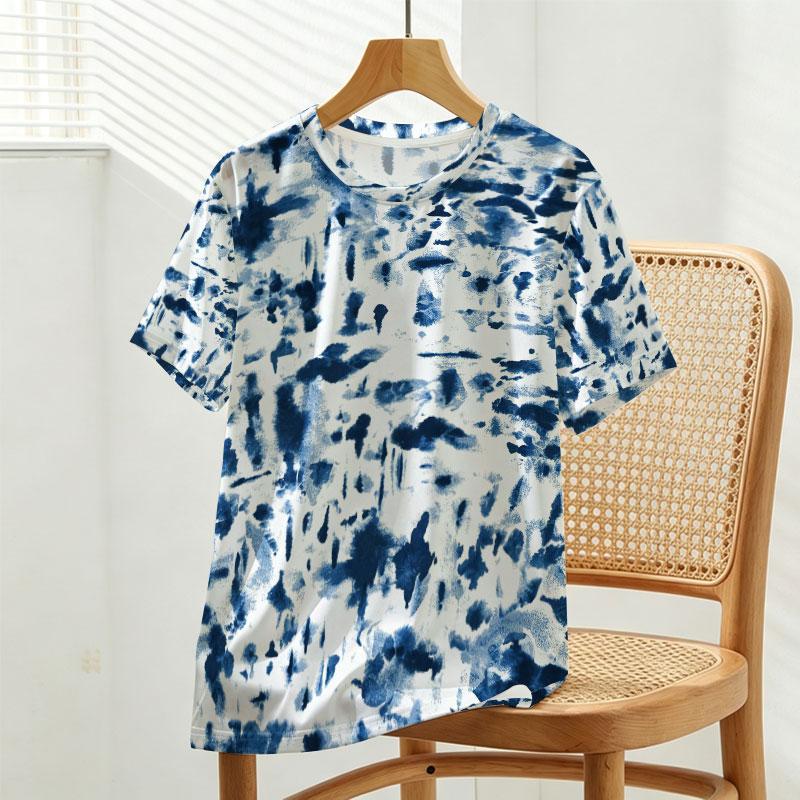 Women's Basic Short Sleeve Tee, Blue & White Tie-Dye, Soft Casual Top for Beach, Daily Wear & Coffee Shop