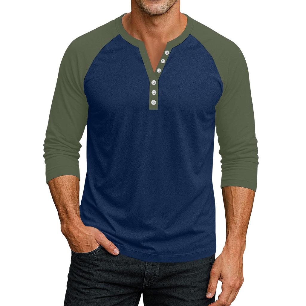 Men's Button-Down Contrast Raglan 3/4 Sleeve Top