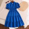 Girl's Dress Summer Dress New 8-12Y Children V-neck Bubble Sleeve Princess Dress Lace-up Dresses