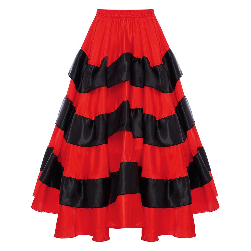 Girls Spanish Flamenco Tiered Ruffles Satin Wide Hem Skirt Performance Costume