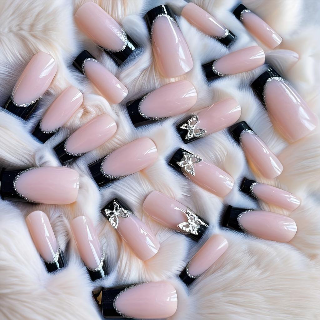 24pcs 3D Butterfly Press On Nails with Black French Tips - Full Cover Silvery Glitter False Nails with Jelly Glue and Nail File for Women and Girls